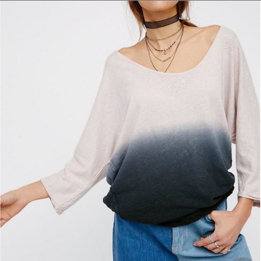 Free People Tee Linen Cotton Three Quarter Sleeve Dip Dye Ombre Black Blue S NWT